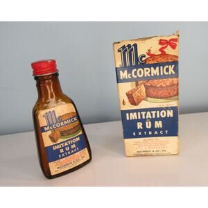 Vintage McCormick Imitation Rum Extract Glass Bottle Box Metal Cap Blue Label